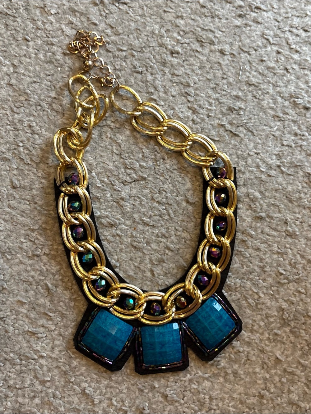 Gold Chain Statement Necklace with Teal Pendants Chunky Cleopatra Hip Hop